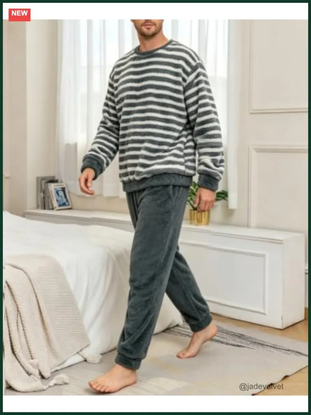 Fluffy Fleece Pajama Set Long Sleeve Pullover Pants Lounge Sleepwear Men's